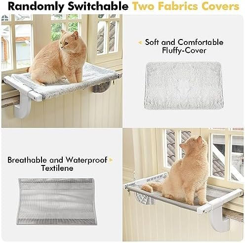 Zoratoo Window Sill Mount Cat Perch for Indoor Cats, One-Step Sliding Adjustment Cat Hammock Window Seat with Removable Two Fabrics Covers, No Suction Cups Cat Beds for Windowsill & Bedside (L) - Image 3