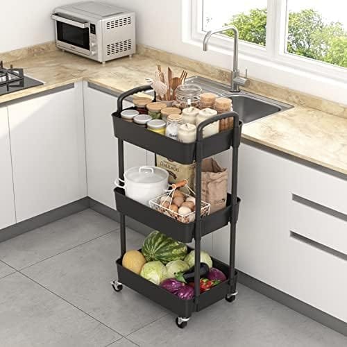 Sywhitta 3-Tier Plastic Rolling Utility Cart with Handle, Multi-Functional Storage Trolley for Office, Living Room, Kitchen, Movable Storage Organizer with Wheels, Black - Image 4