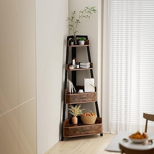 Elsie&Mi 55.1 Inch Tall Corner Shelf, 4-Tire 2 Drawers Corner Cabinet, Storage Rack for Living Room, Office, Kitchen, Basement, Bedroom, Rustic Brown - Image 6