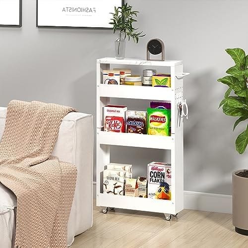 XYZLVSI Slim Storage Cart, 5 in Width, 4-Tier White Rolling Cart with Handle & Wooden Top for Kitchen Bathroom Laundry Narrow Places - Image 5