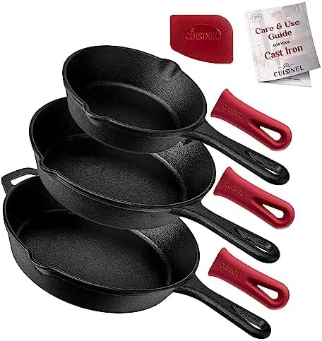 Cuisinel Cast Iron Skillets Set - 3-Piece: 6" + 8" + 10"-Inch Chef Frying Pans - Pre-Seasoned Cookware + 3 Heat-Resistant Handle Cover Grips - Indoor/Outdoor Use - Grill, Stove, BBQ, Fire, Oven Safe - Image 2