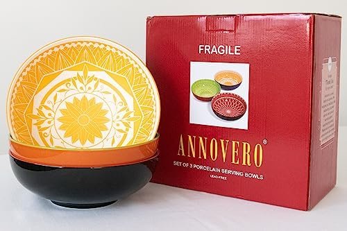 Annovero Serving Bowls, Set of 3 Large Porcelain Dishes for Entertaining, Big Bowl for Eating, for Soup, Salad, Pasta, Parties, Fruit, Chips, 9.5 Inch Diameter, 72 Fluid Ounce Capacity - Image 10