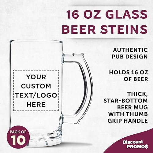 DISCOUNT PROMOS Custom Glass Beer Mug 16 oz. Set of 10, Personalized Bulk Pack - Great for Wedding Favors, Groomsmen Gifts, Birthday Gifts - Clear - Image 4