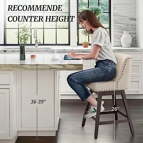 Cozyman 26 Inch Bar Stools Set of 3, Linen Color Swivel Counter Stools with Back, Linen Fabric Upholstered Barstools, Solid Wood Legs with Footrest, Modern Bar Stool for Kitchen Island, Pub - Image 5