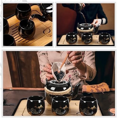 Hushee Japanese Tea Set in Gift Box Asian Tea Set Magic Teapot with 1 Teapot, 6 Tea Cups, 1 Tea Tray, 1 Stainless Infuser, Black Ceramic Chinese Porcelain Tea Set Gift for Tea Adult Lover Office Home - Image 6