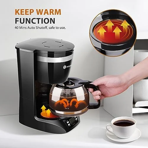 Aigostar Programmable Coffee Maker, 8 Cup Coffee Maker with Glass Carafe, Auto Pause Electric Coffee Maker, Auto Keep Warm Drip Coffee Maker with Permanent Filter, Black - Image 5