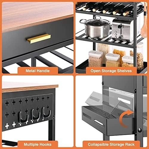 TOOLF Kitchen Island Cart with Drawer, Rolling Kitchen Service Cart with Wooden Tabletop, 3-Tier Storage Cart on Wheels, Storage Trolley Cart with Hooks for Kitchen, Dining Room - Image 3