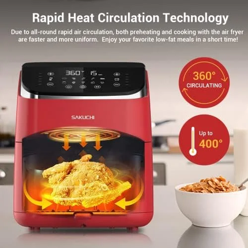 Sakuchi Air Fryer Large 5.8 Quart Air Fryers 10-in-1 Digital Air Fryer Oven Cooker with 10 Preset Cooking Programs, LED Touch Screen, Non-Stick Tray Basket, Auto Shut-Off, Pot Dishwasher Safe, 1500W (Red) - Image 5