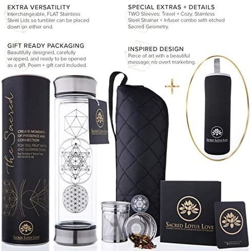Sacred Lotus Love Double-Walled Glass Tea Infuser Bottle - Portable Travel Mug with Strainer and Sleeve for Loose Leaf Tea, Coffee, Smoothies - Insulated Tumbler with Lid for Hot and Iced Beverages - Image 7