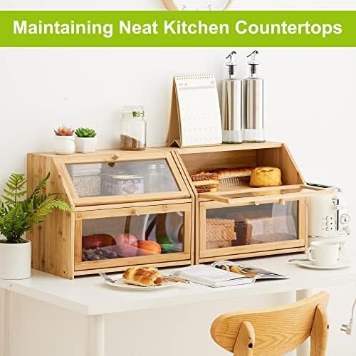 Bread Storage Farmhouse Bread Box For Kitchen Countertop Bread Container With Clear Window Breadbox Double Layer Bamboo Wooden Extra Large Capacity Bin Kitchen Food Storage Container(Trapezoid) - Image 4