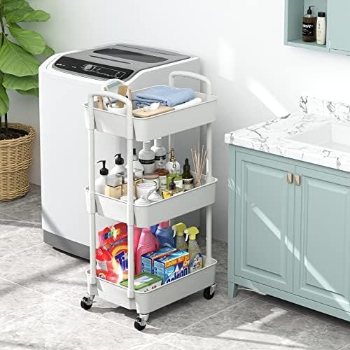 Sywhitta 3-Tier Plastic Rolling Utility Cart with Handle, Multi-Functional Storage Trolley for Office, Living Room, Kitchen, Movable Storage Organizer with Wheels, White - Image 6