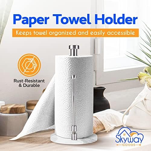 Skyway Goods - Stainless Steel Paper Towel Holder, Paper Towel Stand with Weighted Anti-Slip Base, Sleek Kitchen Countertop Paper Towel Holder, Space-Saving Paper Towel Holder, Light Marble Base - Image 3