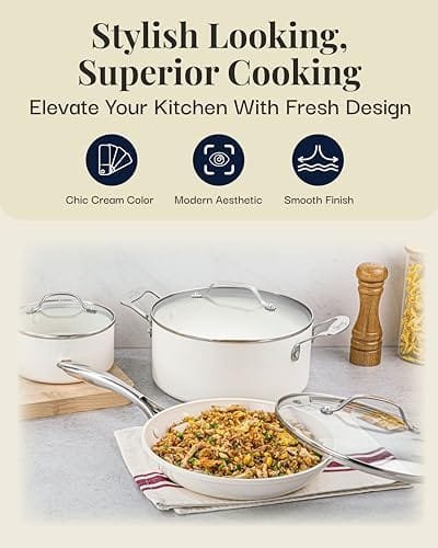 Gotham Steel 12 Pc Pots and Pans Set Non Stick Cookware Set, Pot and Pan Set, Kitchen Cookware Sets, Ceramic Cookware Set, Nonstick Cookware Set, Pot Set with Lids, Dishwasher Safe, Cream White - Image 8