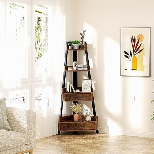 Elsie&Mi 55.1 Inch Tall Corner Shelf, 4-Tire 2 Drawers Corner Cabinet, Storage Rack for Living Room, Office, Kitchen, Basement, Bedroom, Rustic Brown - Image 3