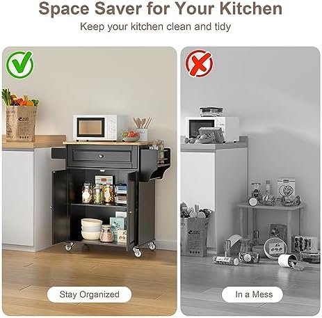 Gizoon Kitchen Island Cart on Wheels, 25.6" Wooden Top Rolling Kitchen Island with Drawer, Spice Rack Towel Bar, 2 Door Cabinets, Mobile Microwave Cart for Dining Room, Home Bar, Black - Image 7