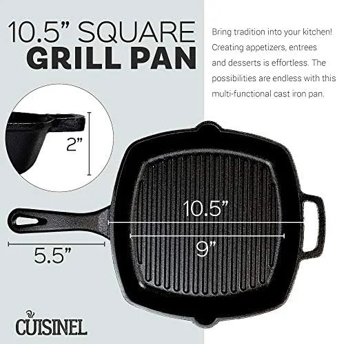 Cuisinel Cast Iron Square Grill Pan + Glass Lid - 10.5" Pre-Seasoned Ridged Skillet + Handle Cover + Pan Scraper - Grill, Stovetop, Fire Safe - Indoor and Outdoor Use - for Grilling, Frying, Sauteing - Image 4
