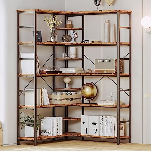 IRONCK Industrial Bookcases and Bookshelves, 5-Tiers Corner Bookcase with Curved Panels, L Shaped Shelf with Metal Frame for Open Storage for Living Room Home Office - Image 9