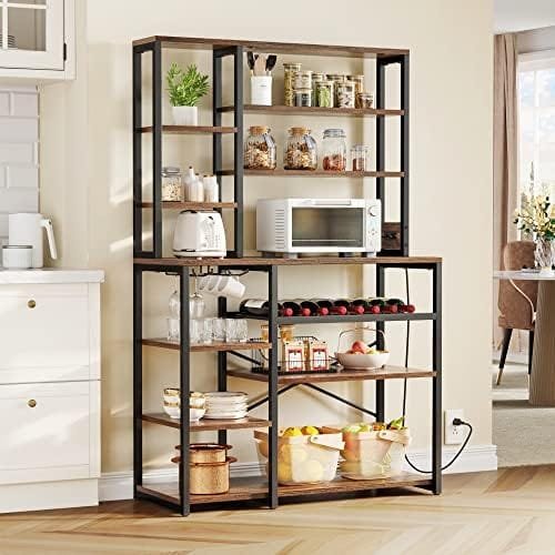 YITAHOME Kitchen Microwave Stand Bakers Rack, Coffee Bar Wine Storage Utility Shelves for Liquor Glasses Pantry Appliance Spice Pot Pan Freestanding Tall w Power Outlet Mug Holder 39", Rustic - Image 3