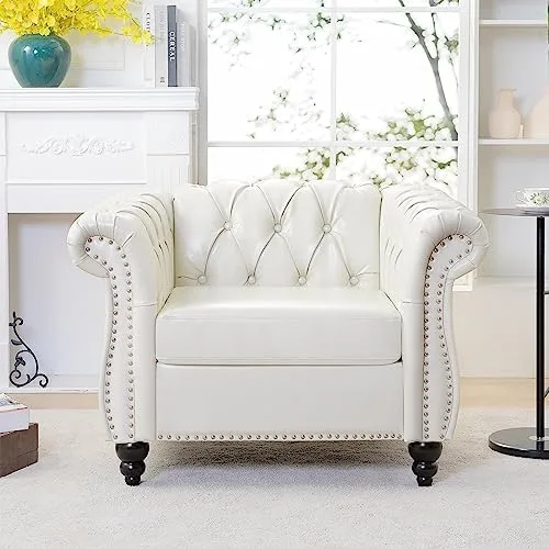 85" Chesterfield Fabric 3 Seater Couch-2 Set 39" Single Chair Set Furniture,Upholstered Sofa with Tufted Back,Roll Arm Classic Chesterfield Settee Couches for Living Room,Office (White + PU) - Image 10