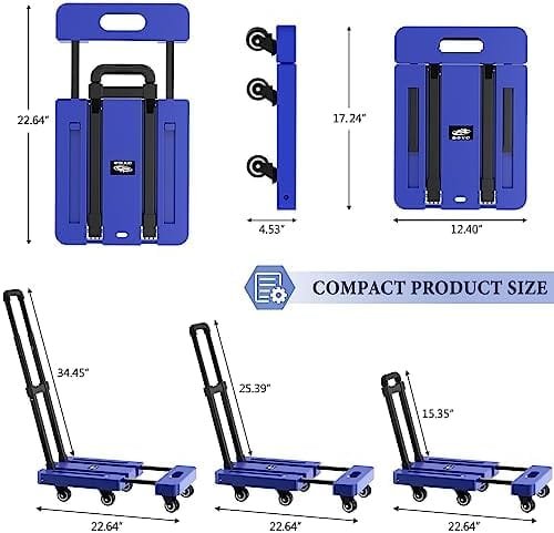 SOYO Folding Hand Truck, 500lbs Heavy Duty Dolly, Portable 6 Wheels Collapsible Luggage Cart with 2 Elastic Ropes for Moving, Travel, Shopping, House Office Use, Blue - Image 3