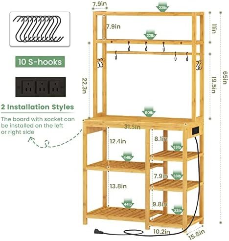 FORABAMB Bakers Rack with Power Outlets, 6-Tier Microwave Stand, Kitchen Utility Storage Shelf 10 S-Shaped Hooks, Coffee Bar Table Station, Standing Rack, 31.5 x 15.7 65 Inches, Bamboo - Image 6