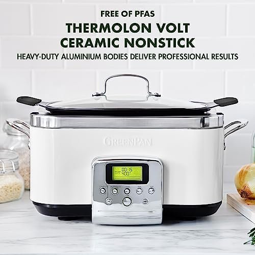 GreenPan Elite 8-in-1 Programmable 6QT Electric Slow Cooker,Dishwasher Safe Lid & Removable Crock, PFAS-Free Healthy Ceramic Nonstick Multi-Cooker,Sear, Sauté/Brown,Steam Basket,Roast, Cream White - Image 4