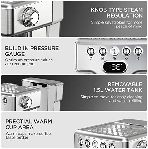 Geek Chef Espresso Machine 20 Bar, Espresso Coffee Maker with Fast Heating Automatic, Latte & Cappuccino Maker with Milk Frother Steam Wand, 1.8L Water Tank, Temperature Display, Stainless Steel - Image 8