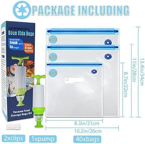 Daarcin 3 Size 40pcs Sous Vide Bags BPA Free Reusable Vacuum Sealer Bags Kit Keep Food Flesh with 1 Vacuum Hand Pump and 2 Sealing Clips - Image 8