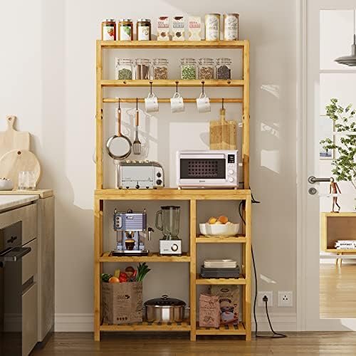 FORABAMB Bakers Rack with Power Outlets, 6-Tier Microwave Stand, Kitchen Utility Storage Shelf 10 S-Shaped Hooks, Coffee Bar Table Station, Standing Rack, 31.5 x 15.7 65 Inches, Bamboo - Image 2