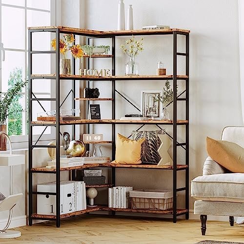 IRONCK Industrial Bookcases and Bookshelves, 5-Tiers Corner Bookcase with Curved Panels, L Shaped Shelf with Metal Frame for Open Storage for Living Room Home Office - Image 3