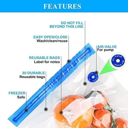Sous Vide Bags 30 Vacuum Sealer Reusable BPA Free Food Bags 3 Sizes Vacuum Zipper Bags 4 sealing clips 4 sous vide bag clips 1 hand Pump Joule Cookers Anova Food Storage Preservation - Image 6