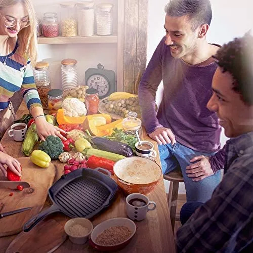 Cuisinel Cast Iron Square Grill Pan + Glass Lid - 10.5" Pre-Seasoned Ridged Skillet + Handle Cover + Pan Scraper - Grill, Stovetop, Fire Safe - Indoor and Outdoor Use - for Grilling, Frying, Sauteing - Image 7