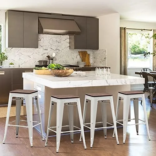 Alunaune 24" Metal Bar Stools Set of 4 Industrial Backless Counter Height Barstools Kitchen Patio Stool Stackable with Wooden Seat- White - Image 10