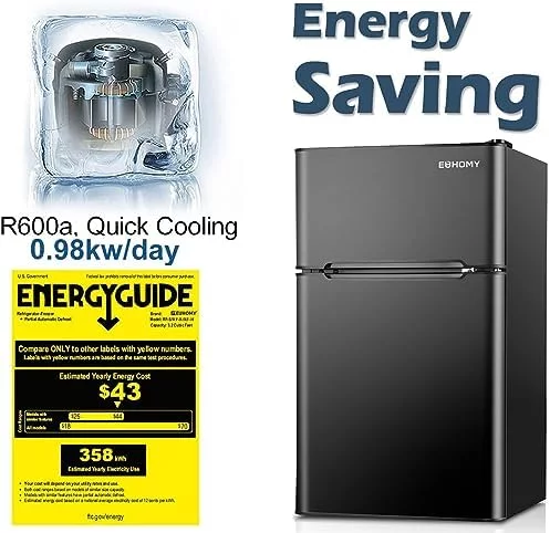 Euhomy Mini Fridge with Freezer, 3.2 Cu.Ft Mini refrigerator with freezer, Dorm fridge with freezer 2 door For Bedroom/Dorm/Apartment/Office - Food Storage or Cooling Drinks(Black). - Image 6