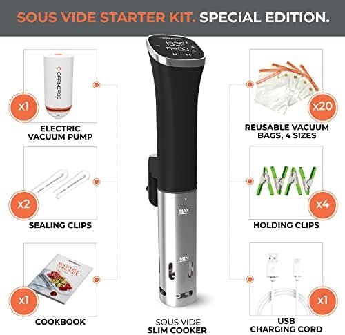 Sous Vide Cooker Starter Kit | All In One | Sous Vide Immersion Circulator Slim Design 1000W, 20 Sous Vide Reusable Vacuum Bags, Electric Pump, Sous Vide Clips, Cookbook | Special Edition - Image 3