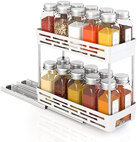 DABIGE Pull Out Spice Rack Organizer for Cabinet, Durable Slide Out Spice Racks Organizer, Easy to Install Spice Cabinet Organizers, 4.4''Wx10.5''Dx8''H, Each Tier Hold 10 Spice Jars - 2 Tier, White - Image 8
