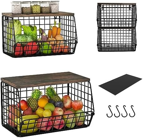 LUUDTAI Hanging Fruit Basket, Stackable Wall Mounted Fruit Baskets, Hanging Wire Basket with Wood Lid, Potato and Onion Storage Bin, Stackable Kitchen Wire Baskets for Fruit Veggies Produce Snack - Image 2