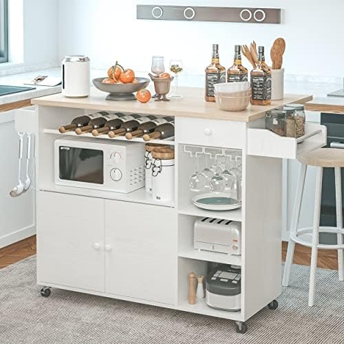 IRONCK Rolling Kitchen Island Cart with Drop-Leaf and Wine Rack, Microwave Rack Serving Cart on Wheels with Drawer & Shelves & Spice Rack & Cup Hanging, White - Image 4