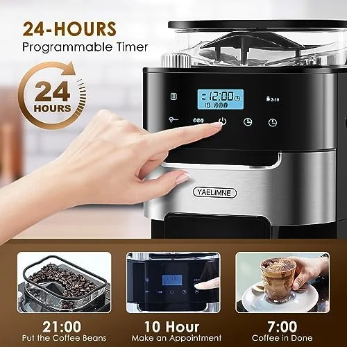 10-Cup Drip Coffee Maker with Touch Screen,Built-In Burr Coffee Grinder, Automatic Grind and Brew,Warming Plate for Home and Office,1.5L Large Capacity Water Tank, Removable Filter Basket, 900W - Image 3