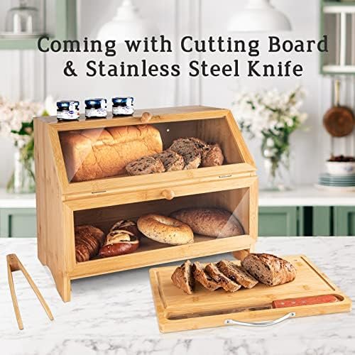 MAISONPEX Double Layer Bamboo Bread Box for Kitchen Countertop, Cutting Board, and Stainless Steel Bread Knife, Large Capacity Storage Container with Clear Windows (Self-Assembly) - Image 5