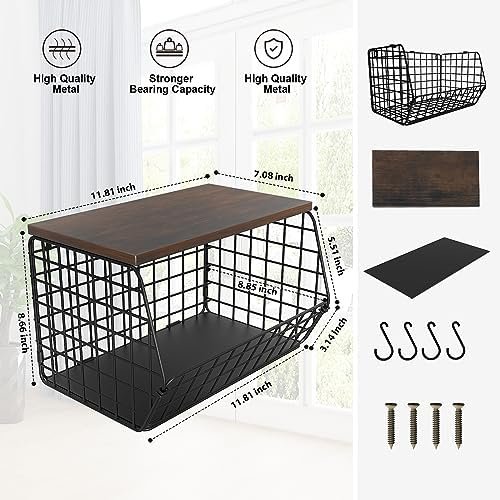 LUUDTAI Hanging Fruit Basket, Stackable Wall Mounted Fruit Baskets, Hanging Wire Basket with Wood Lid, Potato and Onion Storage Bin, Stackable Kitchen Wire Baskets for Fruit Veggies Produce Snack - Image 3