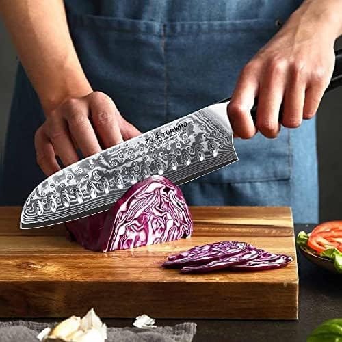TURWHO Professional Santoku Knife 7 inch - Classic Damascus pattern Japanese VG-10 Steel Chef Knife - Image 3