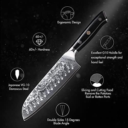 TURWHO Professional Santoku Knife 7 inch - Classic Damascus pattern Japanese VG-10 Steel Chef Knife - Image 7