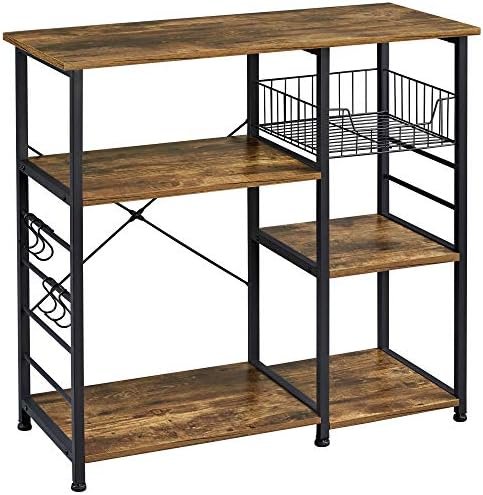 Yaheetech 4-Tier Kitchen Baker's Rack, Coffee Bar Microwave Stand Cart with Wire Basket & 6 Side Hooks, Kitchen Organizer Shelf for Spices/Utensils Foods, Rustic Brown - Image 2