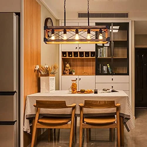 Airposta Kitchen Island Lighting, 33.5-Inch 5 Lights Farmhouse Linear Chandelier for Dining Room Pool Table Pendant Light Fixture, Rustic Wood Grain Finish, Industrial Pendant Light - Image 8
