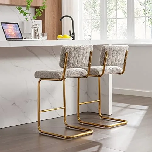 Zesthouse Mid-Century Counter Height Bar Stools Set of 2, 26 Inch Upholstered Boucle Fabric Counter Stools with Channel Tufting for Kitchen Island, Modern Armless Bar Chairs with Back & Gold Base - Image 7