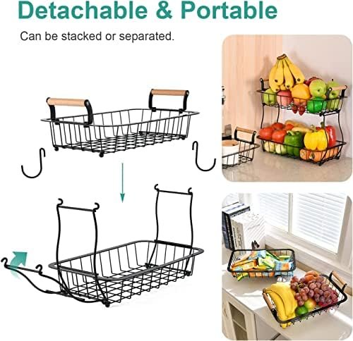 Alebew 2 Tier Fruit Basket Bowl with 2 Banana Hangers for Kitchen Counter, Countertop Fruits Produce Storage Basket Metal Vegetable Holder Stand Organizer for Bread Snack Veggies Potato, Black - Image 4