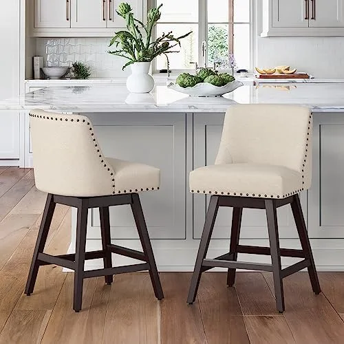 Cozyman 26 Inch Bar Stools Set of 3, Linen Color Swivel Counter Stools with Back, Linen Fabric Upholstered Barstools, Solid Wood Legs with Footrest, Modern Bar Stool for Kitchen Island, Pub - Image 7