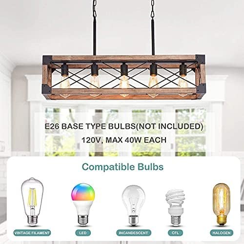 Airposta Kitchen Island Lighting, 33.5-Inch 5 Lights Farmhouse Linear Chandelier for Dining Room Pool Table Pendant Light Fixture, Rustic Wood Grain Finish, Industrial Pendant Light - Image 7