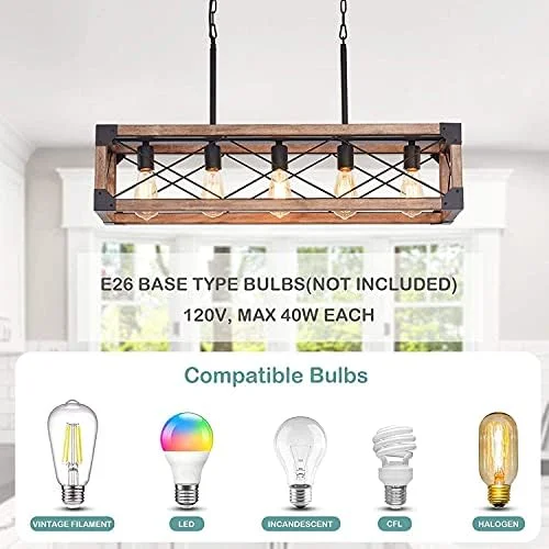 Airposta Kitchen Island Lighting, 33.5-Inch 5 Lights Farmhouse Linear Chandelier for Dining Room Pool Table Pendant Light Fixture, Rustic Wood Grain Finish, Industrial Pendant Light - Image 7